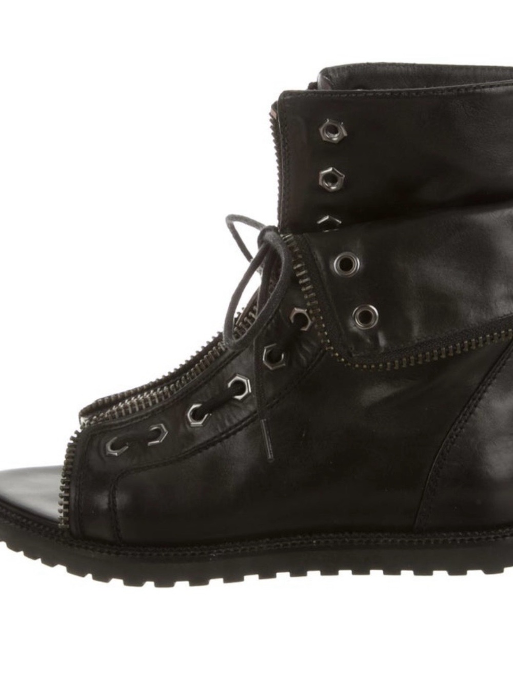 Alexander Wang Black Leather Mirte Combat Boots Peek Toe Zipper & Lace Details